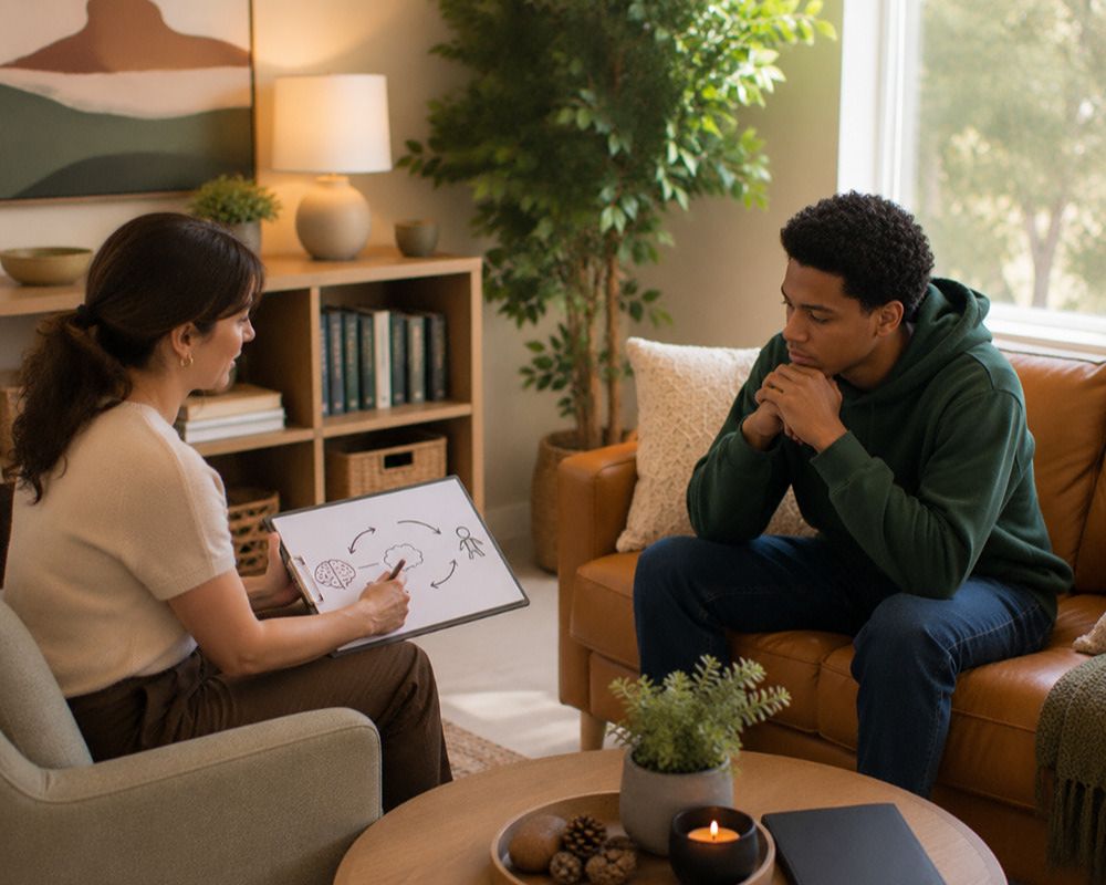 Cognitive behavioral therapy for anxiety in Rockwall Texas helping clients change anxious thought patterns.