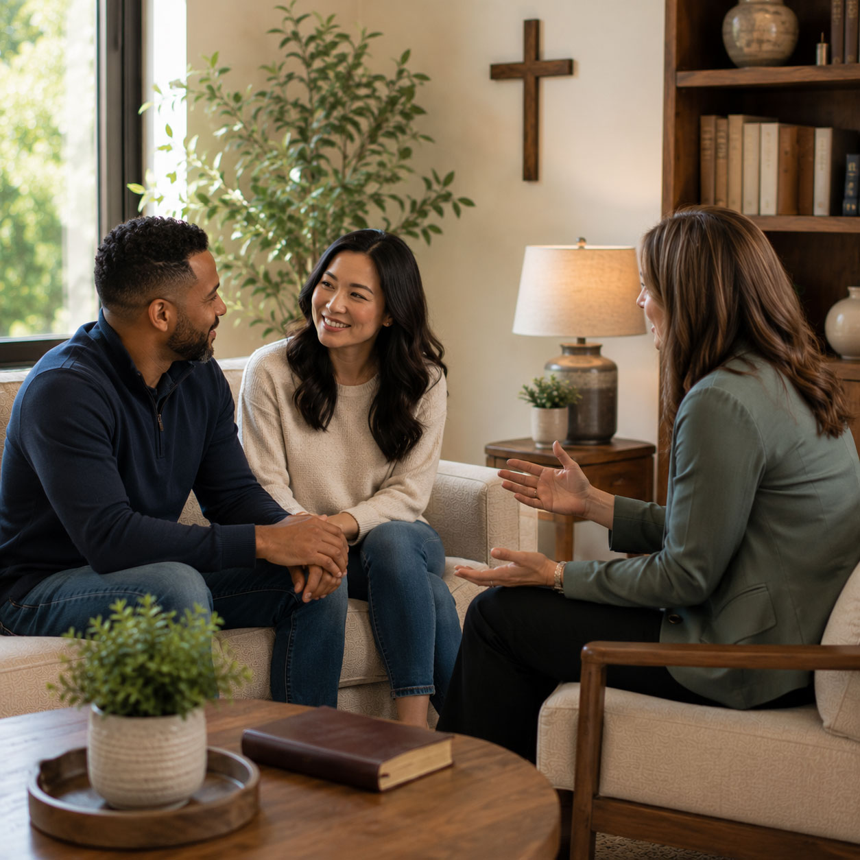 Christian counselor meeting with a married couple in Rockwall TX