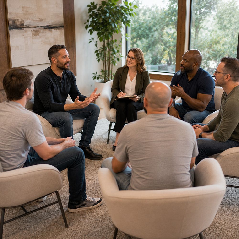 mens-group-therapy-rockwall-tx.webp 4 Men participating in a supportive group therapy session in Rockwall TX