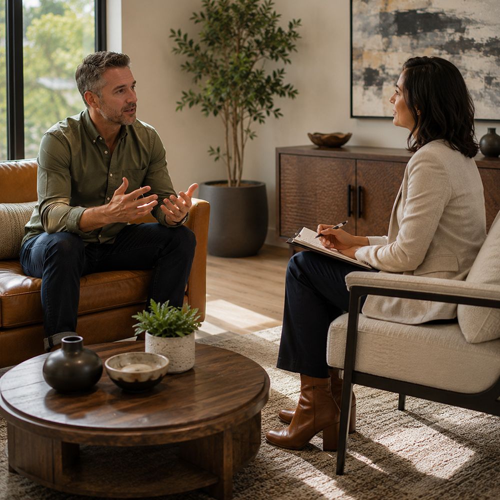 Licensed therapist helping a man navigate major life transitions in Rockwall TX