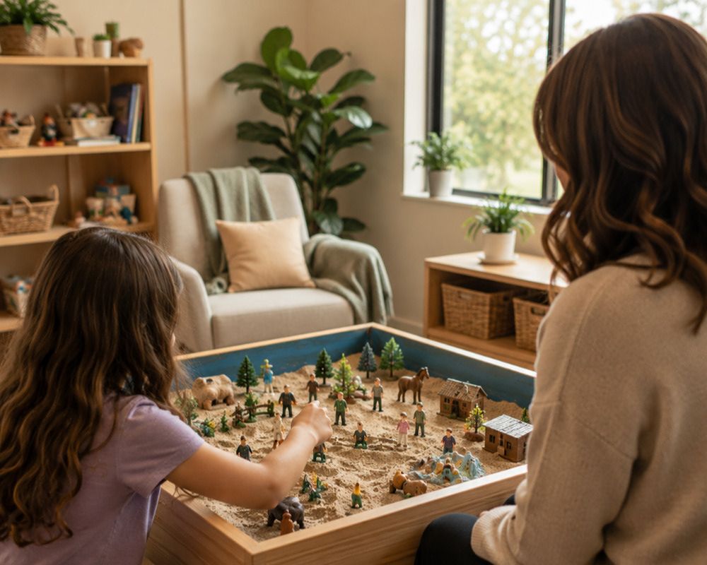 Play therapy session in Rockwall Texas using sand tray therapy to help children express emotions.