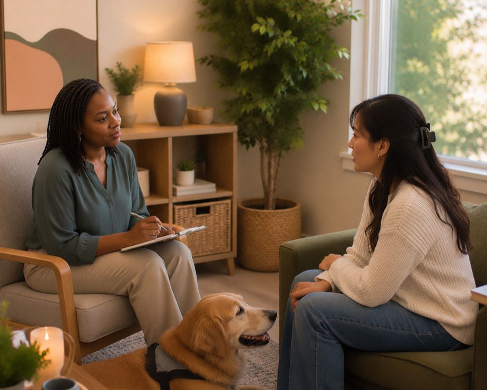 Therapy dog supporting anxiety counseling sessions in Rockwall Texas.