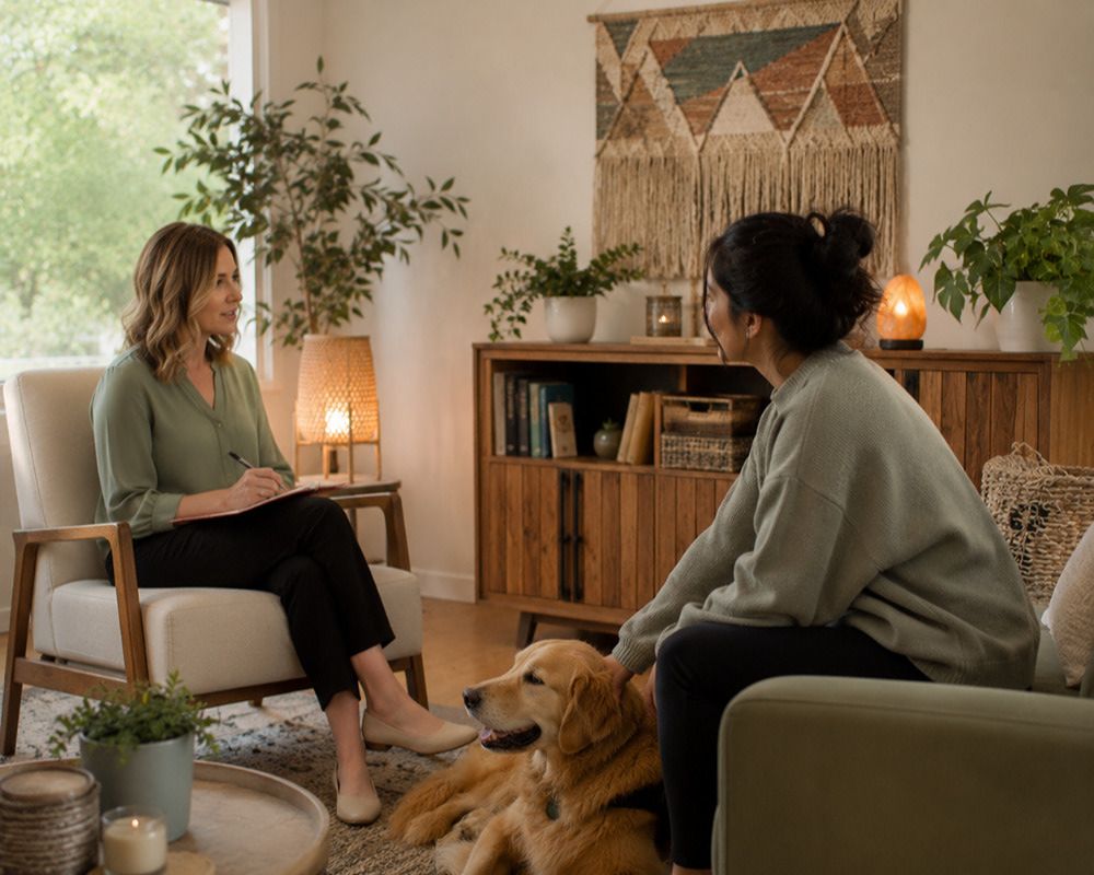 Therapy dog supporting trauma counseling sessions in Rockwall Texas.