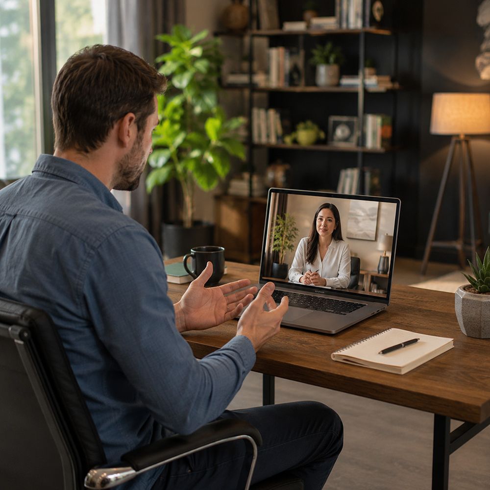 Virtual men's counseling session with a licensed therapist serving Rockwall TX