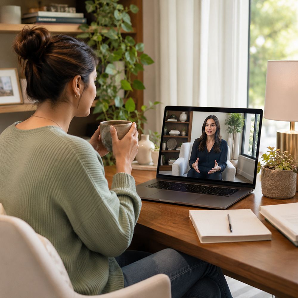 Virtual women's counseling session with a licensed therapist serving Rockwall TX
