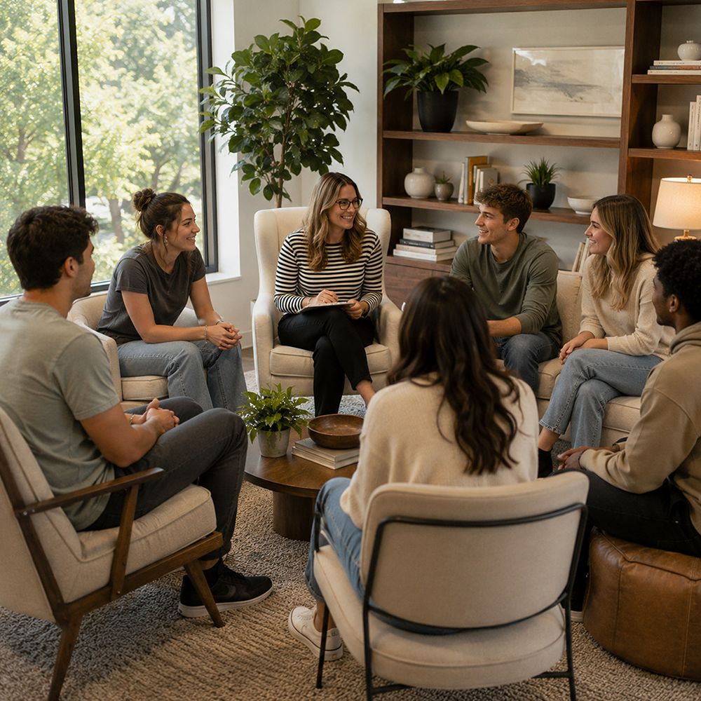 young-adults-group-therapy-rockwall-tx.webp 6 Licensed therapist leading a supportive group therapy session in Rockwall TX