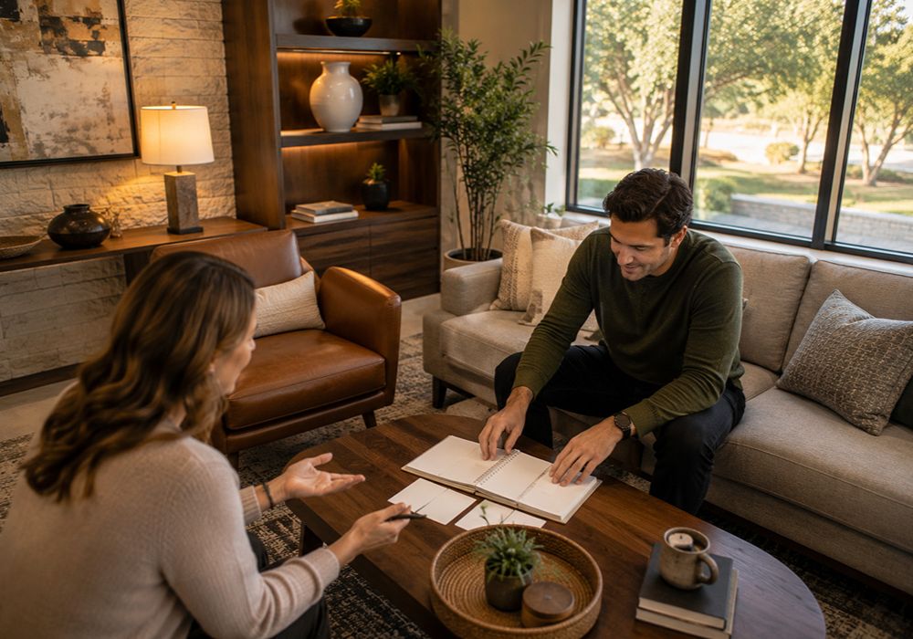 Depression therapist helping a client set personal goals in Rockwall TX