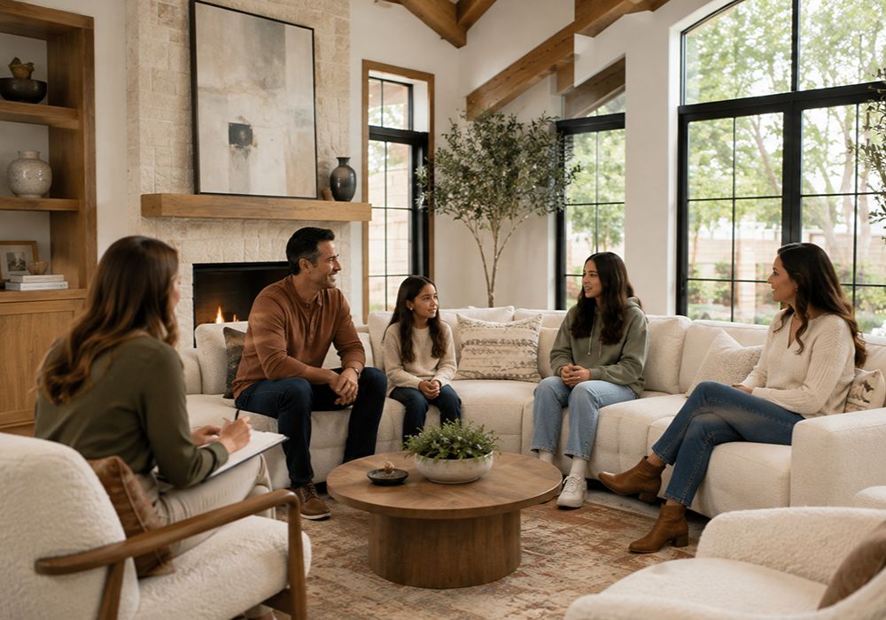Family therapy session with parents and children in Rockwall TX