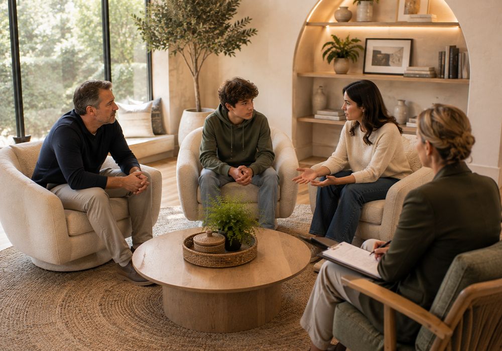 Family therapy session improving parent and teen communication in Rockwall TX
