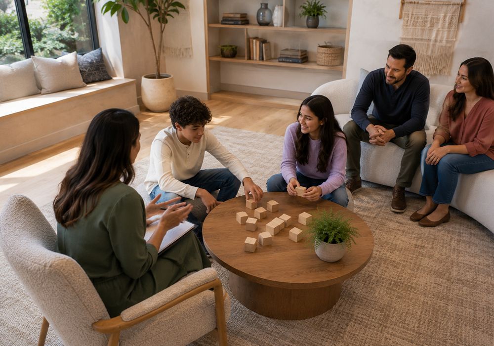 Family therapy session supporting sibling communication in Rockwall TX
