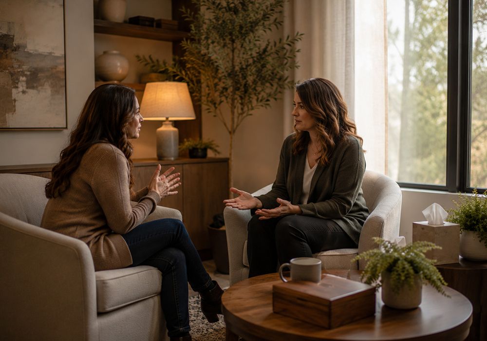 Grief therapist guiding reflective counseling in Rockwall TX